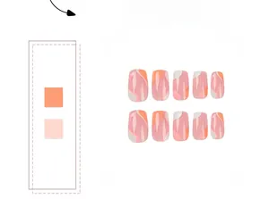 Detail of 10-piece press-on nails featuring orange and pink marble wave pattern designs