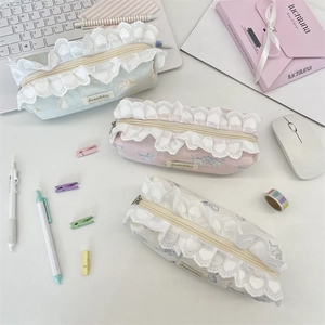 Lace-trimmed cat print pencil case set of three in pastel blue pink and cream colors
