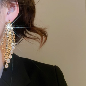 Detail of gold-plated mesh tassel earrings featuring shimmering teardrop zircon accents