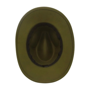 Detail shot of army green felt cowboy hat showing inner lining and black sweatband