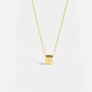 Minimalist S925 sterling silver gold necklace with square cubic zircon pendant on white background