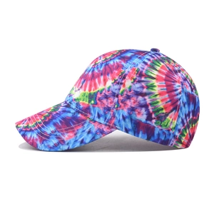 Colorful tie-dye cotton baseball cap with multi-color graffiti pattern and reinforced stitching