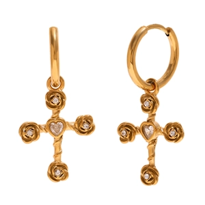 Vintage 18K gold plated stainless steel cross earrings with rose pattern and clear crystal