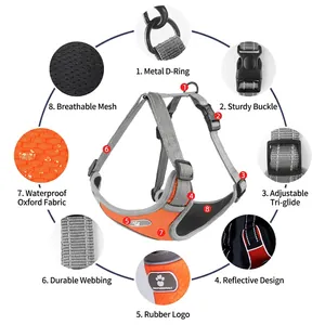 Reflective orange waterproof dog harness with breathable mesh and adjustable safety buckles
