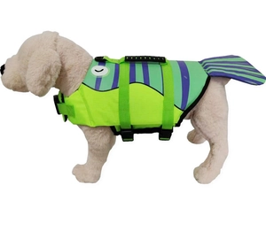 Detail of dog life jacket showing fish tail design and durable rescue handle