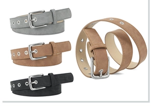 Detail of matte PU leather belts with brushed metal buckles in grey, tan, and black