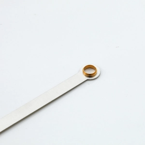 Aluminum clock hands for quartz movement with golden eyelet detail on white background