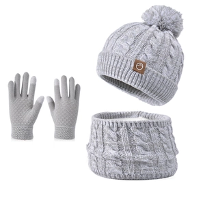 Kids winter knit set with beanie, scarf, and gloves in light grey with mountain patch