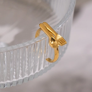 Polished gold cutlery open ring featuring creative spoon and fork design for women