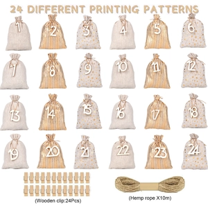 24-piece Christmas advent calendar cotton bags set with wooden clips and 10m jute rope