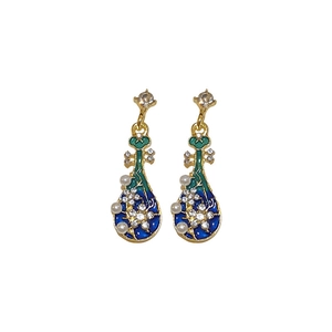 New Chinese style lute-shaped earrings with enamel, crystal, and faux pearls in gold