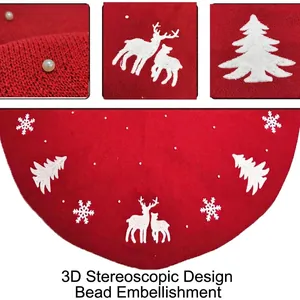 48-inch red knit Christmas tree skirt with 3D reindeer embroidery and pearl beads