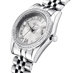 Elegant silver stainless steel ladies watch with crystal bezel and Roman numeral dial