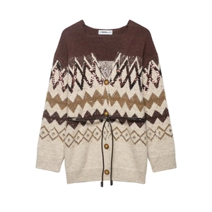 Women Knit Cardigan Sweater Jacquard Geometric Pattern Sequins Belted Long Sleeve Retro Button Front Outerwear