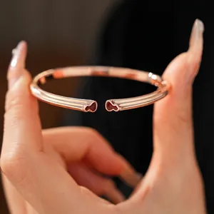 Rose Gold Copper Cuff Bracelet Red Enamel Gourd Shaped Retro Elegant Minimalist Jewelry For Women