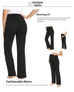 Detail view of high-waisted black maternity leggings with elastic belly support and slimming fit