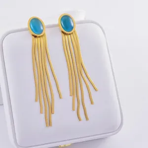 Elegant gold drop earrings with blue turquoise top and five-strand flat snake chain tassels