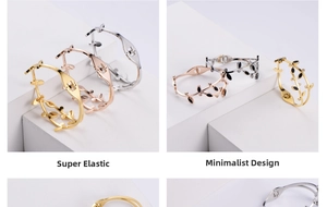 Detail of leaf-shaped spring bracelets in gold, silver and rose gold with rhinestones