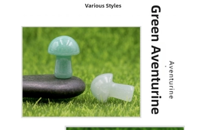 Close-up of a 2cm green aventurine stone mushroom for garden decor and DIY crafts