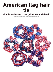 Set of seven US flag satin scrunchies featuring red white and blue star and stripe patterns