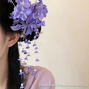 Elegant purple lily tassel hair clip with fabric flowers and pearls for Hanfu styling