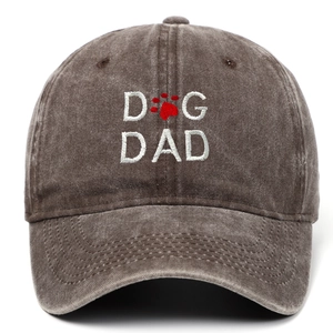 Detailed embroidery of DOG DAD text and red paw print on washed cotton baseball cap