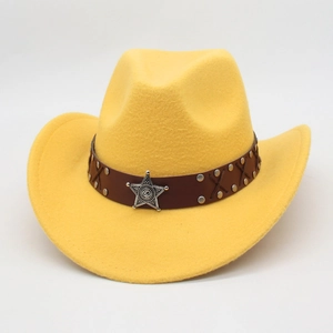 Detail of yellow felt cowboy hat with leather band and silver star sheriff badge