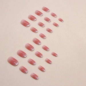Oval gradient pink press-on nails with silver glitter French tips, full set of 24 pieces