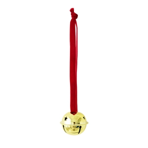 Golden metal Christmas bell with star cutouts and premium red velvet ribbon hanger