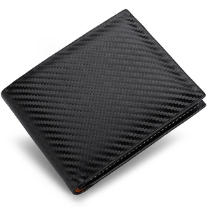 Men's carbon fiber bifold wallet with black texture and orange interior detailing
