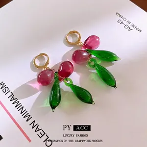 Elegant cherry tassel hoop earrings with red crystal glass and gold finish for women