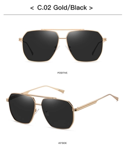 Detail view of gold metal polarized sunglasses with black lenses from multiple angles