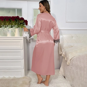 Pink satin nightgown with lace sleeves and belt for women's elegant sleepwear