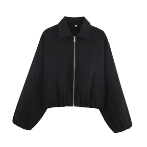 Fashionable black zip-up puffy jacket for women with lapel collar and elasticated hem