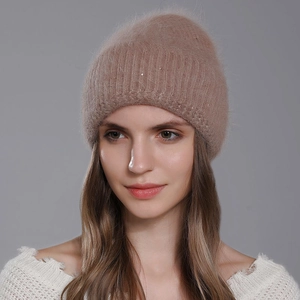 Cozy angora rabbit hair beanie for women with subtle sequin details in warm taupe finish.