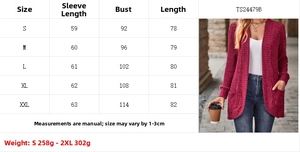 Size chart for women solid brushed open cardigan with sleeve and bust measurements