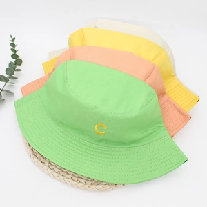 Reversible double-sided cotton bucket hats with letter C embroidery in multiple bright colors