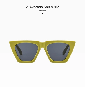 Vista dettagliata degli occhiali da sole cat eye verde avocado con lenti grigio scuro