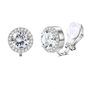 Detail of silver halo clip-on earrings with large round gemstone and silicone pads