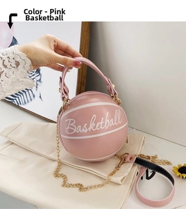Detailed macro view of pink PU leather basketball bag with gold chain strap