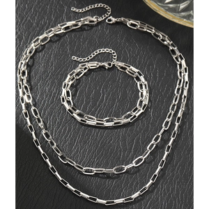 Double-layered stainless steel paperclip chain necklace and bracelet set in silver finish