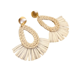 Bohemian teardrop woven raffia earrings with gold studs for beach vacations