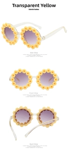 Three-angle view of kids flower sunglasses in transparent yellow with purple lenses