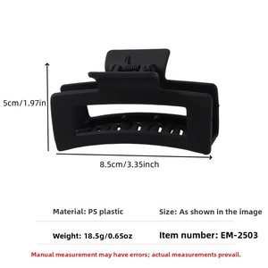 Detailed view of large matte black square hair claw clip with measurements 8.5x5cm