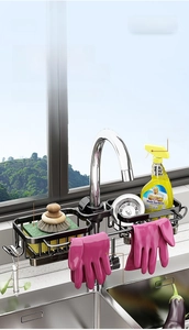 Kitchen faucet organizer with double metal baskets for sponges and cleaning brushes
