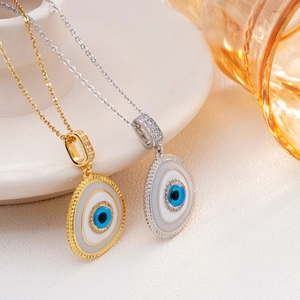 18K gold plated Evil Eye pendant necklace with blue enamel and sparkling white zircons