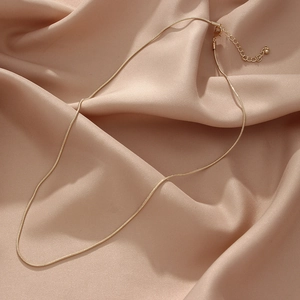 Elegant gold snake bone chain necklace on pink silk fabric with adjustable lobster clasp