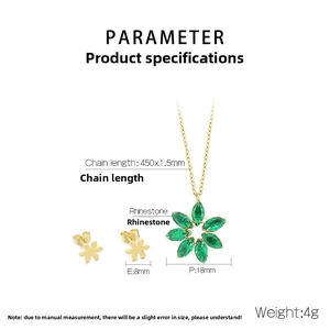 Detailed size specifications for gold flower jewelry set with green rhinestones