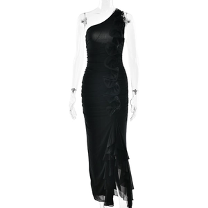 Slim fit black one-shoulder long dress with ruffle trim and side slit on white background
