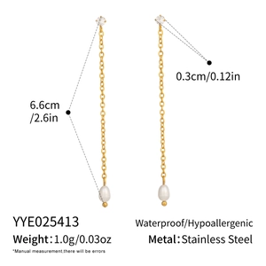 Detail showing dimensions of stainless steel chain earrings with freshwater pearls